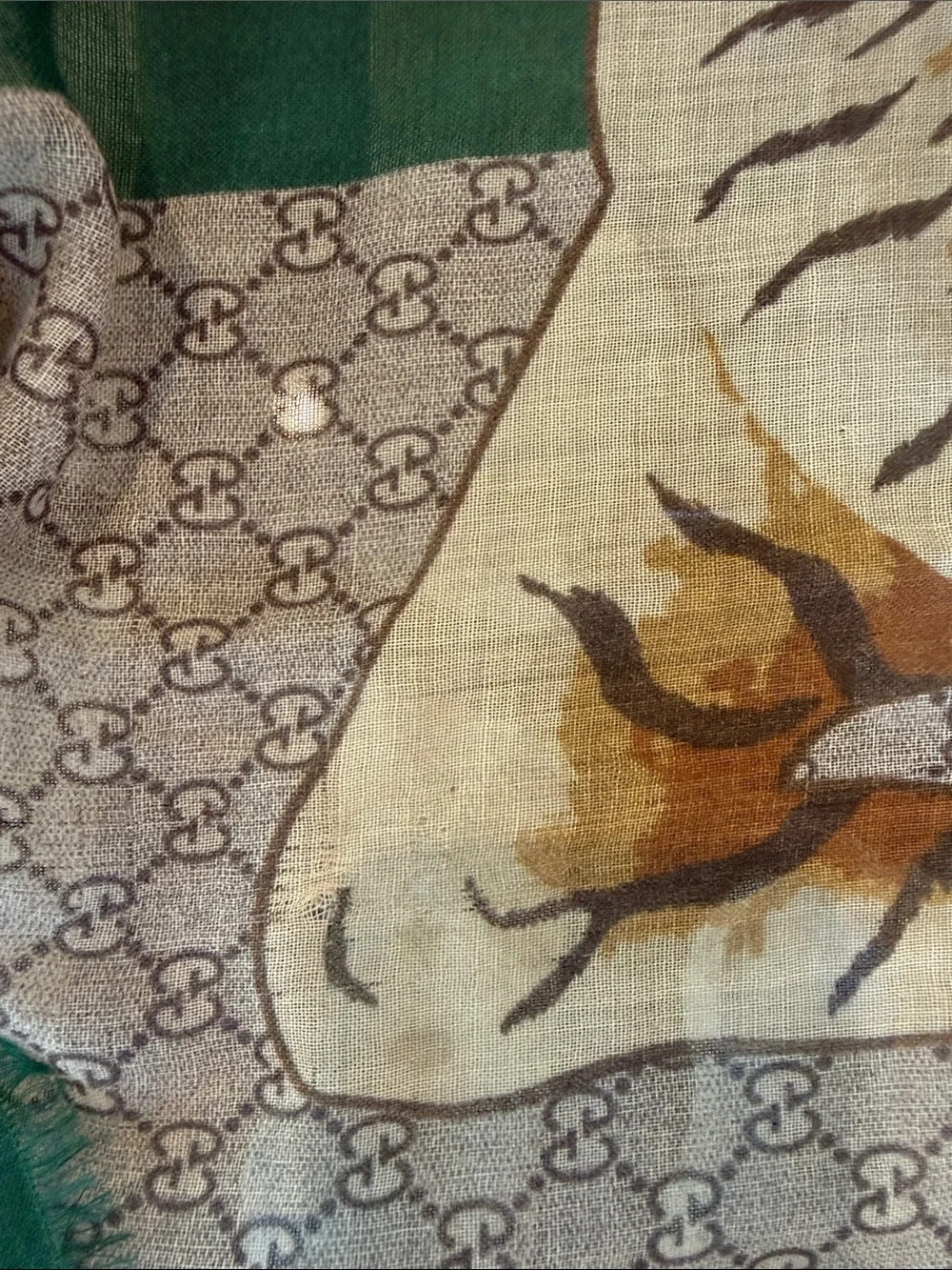 Gucci Beige Monogram Scarf with Tiger and Green-Red Stripe